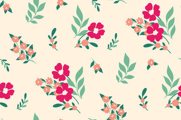 Fototapeta na wymiar Seamless floral pattern with simple decorative plants on a white background. Cute botanical print with spring botany: hand drawn flowers, leaves in bunches. Vector illustration.