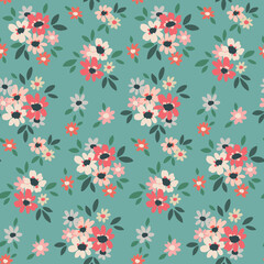 Fototapeta na wymiar Seamless floral pattern, liberty ditsy print with small cute bouquets. Romantic botanical design with tiny hand drawn flowers, leaves on blue background. Trendy rustic print. Vector illustration.