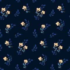 Seamless floral pattern, cute ditsy print with folk motif. Elegant botanical design with small decorative art plants: tiny hand drawn flowers, leaves on a dark background. Vector illustration.
