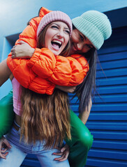 Friends, city fashion and piggyback girl with outdoor adventure, funny and comic face with...