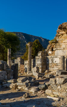 Vertical view of ruins and columns in Ephesus, Turkey
