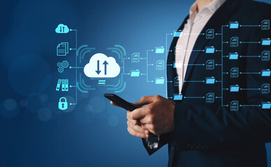 Digital system for transferring documents. FTP(File Transfer Protocol) files receiver and computer backup copy. File sharing isometric. Exchange information and data with internet cloud technology.