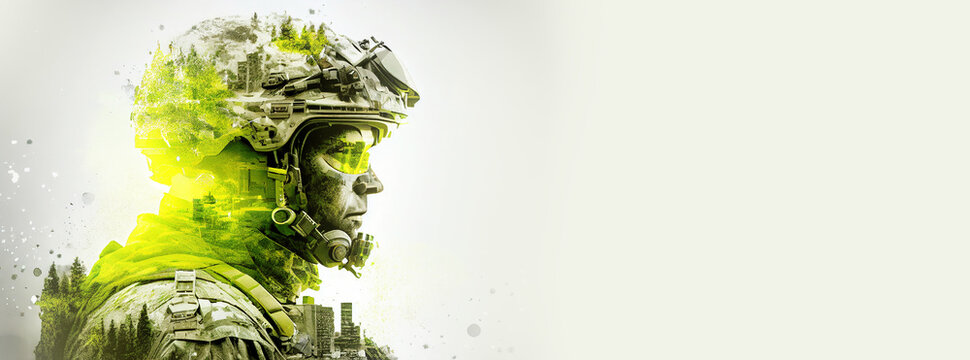 Double exposure silhouette profile of modern soldiers in a scene from a game or movie concept made with generative AI