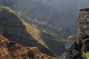 The impressive plunging cliffs of the Valle Gran Rey, La Gomera, Canary Islands, Spain. Picture taken from a panoramic hiking trail from Arure to La Merica and Valle Gran Rey