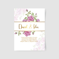 Wedding floral invite, invtation card design. Watercolor style blush pink roses, white garden peony flowers, green leaves, greenery fern & golden geometrical border. Vector art elegant classy template