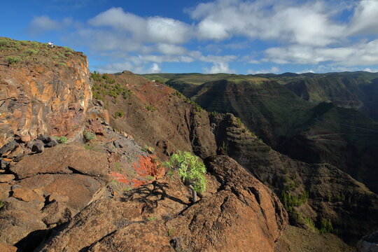 The impressive plunging cliffs of the Valle Gran Rey, La Gomera, Canary Islands, Spain. Picture taken from a panoramic hiking trail from Arure to La Merica and Valle Gran Rey