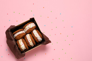 Concept of sweet food, cookies with ice cream, space for text
