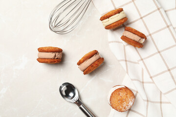 Concept of sweet food, cookies with ice cream, top view
