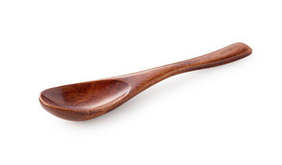 A wooden spoon placed on a white background.