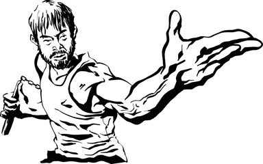 Fighter kung fu master martial artist Chinese karate nunchucks weapon vector character design tattoo art doodle