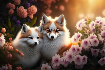 Obraz premium cute animal lover cuddle hug each other in blossom flowers field in dreamy fantasy spring time, idea for family love atmosphere or Valentine's day background wallpaper, white fox Generative Ai