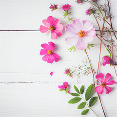 Beautiful pink flowers on white wooden background, Valentine's day concept with copy space. Generative AI