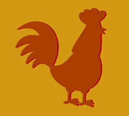 A red chicken isolated in profile on a yellow background
