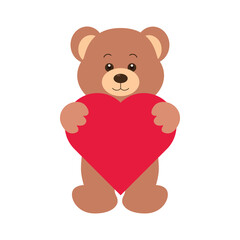 Cute brown teddy bear holding red heart. Vector illustration