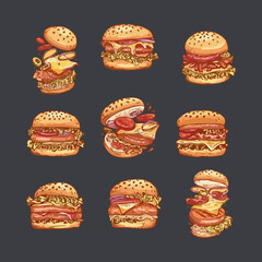 Set of hamburger in watercolor style vector illustration
