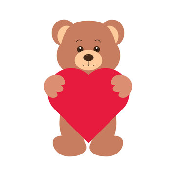 Cute brown teddy bear holding red heart. Vector illustration
