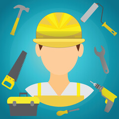 Man with protective work wear and different tools