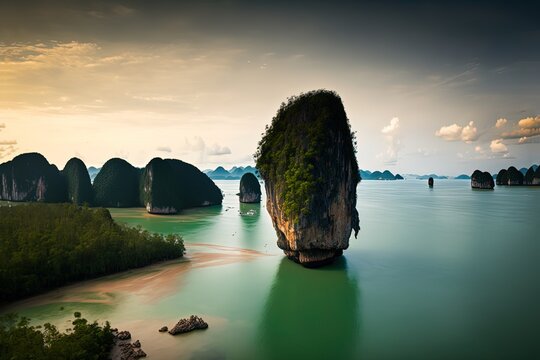 aerial, view of tropical seascape with lime stone pillar, Generative Ai