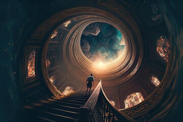 a man or a woman at the stair is looking at the spiral ceiling of library , idea for beautiful background or backdrop Generative Ai