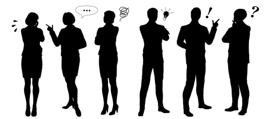 悩む 考える 困る ひらめく ビジネスパーソンのシルエットセット 全身のイラスト素材