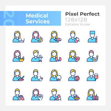 Medical services pixel perfect RGB color icons set. Doctor checkup. Medical clinic and hospital departments. Isolated vector illustrations. Simple filled line drawings collection. Editable stroke