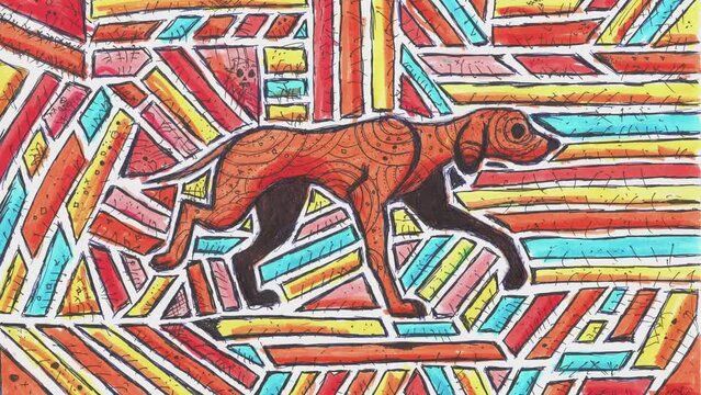 Art concept of a dog in motion animated video of multicolored marker drawings