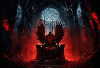 illustration of the hell throne hall with a throne Generative Ai - obrazy, fototapety, plakaty