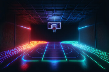 Futuristic basketball court made of neon lights. Generative ai.