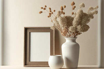 Picture frame mockup with vase and dry plants on beige wall.
