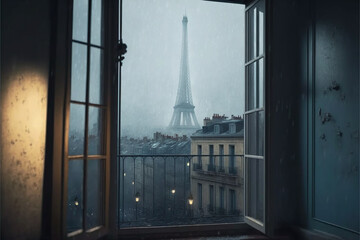 View from a window of an old building on a rainy day in Paris