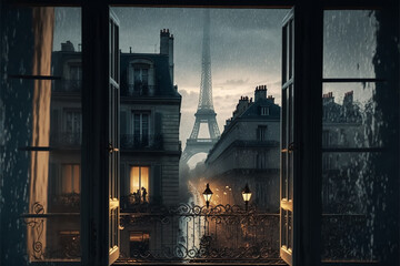 View from a window of an old building on a rainy day in Paris - obrazy, fototapety, plakaty