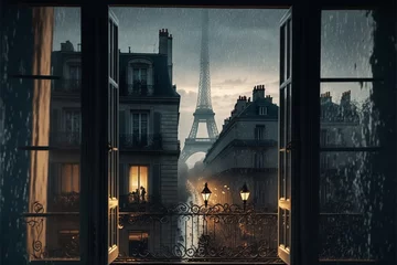 Poster View from a window of an old building on a rainy day in Paris © erika8213