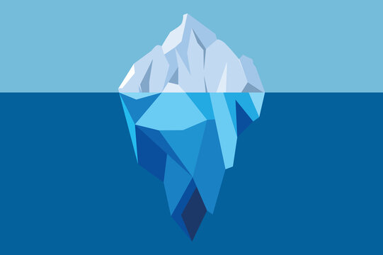 Iceberg Floating in Blue Ocean Vector Illustration. Big iceberg floating in sea with massive underwater, metaphor business iceberg northern on water sea illustration. All in a single layer.