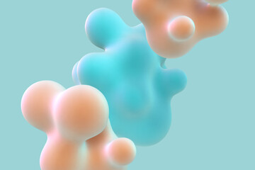 3D floating colored metaballs on blue background. Concept of modern organic chemistry and biological sciences. Futuristic abstract 3d shapes art background, EPS 10 vector illustration.