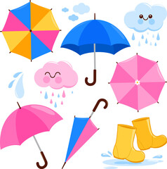 Rainy weather day collection with umbrellas, clouds and water boots. Vector illustration set
