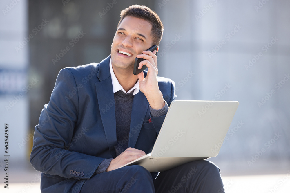 Aufkleber happy, phone call or business man with laptop for internet research, communication or networking. th