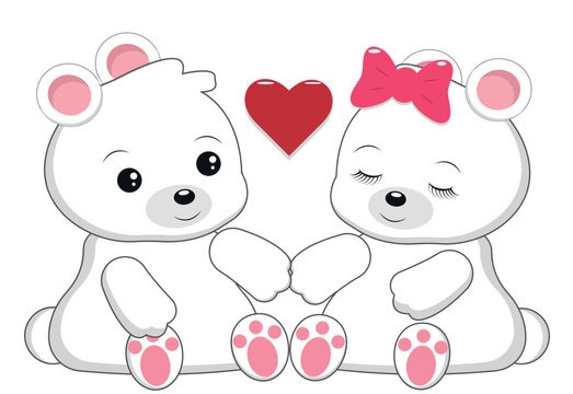 Two cute cartoon polar bears are in love. Valentine's Day.