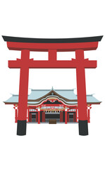 朱色の鳥居と神社のイラスト　明神造　アウトラインなし