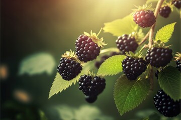 beautiful ripe blackberry fruit on tree with light glow from behind Generative Ai