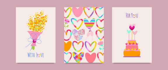 Happy Valentine's Day card set.Design with bright rainbow hearts, bouquet of flowers, birthday cake. Templates for decoration, advertising, sale, postcard, banner, cover, label, poster.