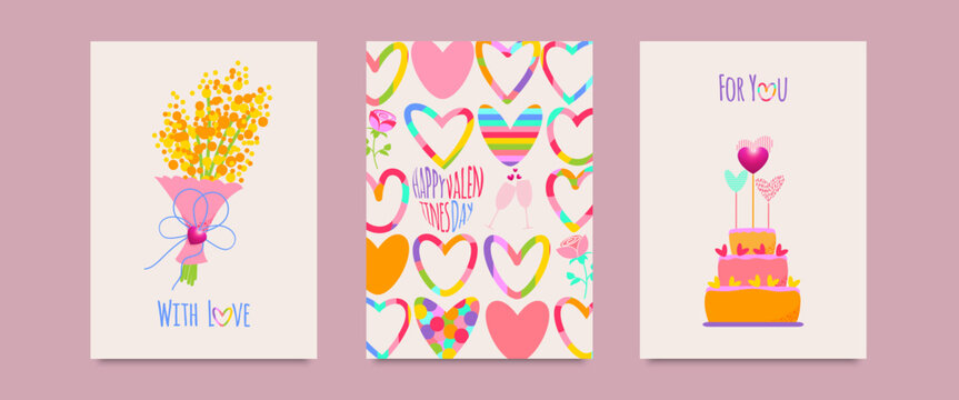 Happy Valentine's Day card set.Design with bright rainbow hearts, bouquet of flowers, birthday cake. Templates for decoration, advertising, sale, postcard, banner, cover, label, poster.