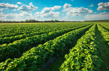 Fototapeta na wymiar Strawberries plantation on a sunny day. Landscape with green strawberry field with blue cloudy sky