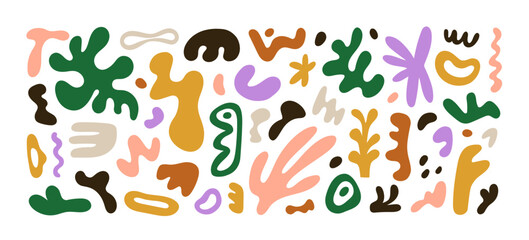 Modern abstract shapes set. Trendy creative fluid design elements bundle. Organic doodle decorations, decorative forms in contemporary style. Flat vector illustrations isolated on white background