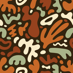 Abstract shapes, seamless pattern. Texture, background design, creative fluid organic elements, repeating print for modern decoration, fabric, textile, wrapping. Colored flat vector illustration