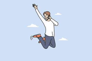 Overjoyed young man jumping in air talking on cellphone. Smiling guy feel excited and triumphant speaking on smartphone. Vector illustration. 