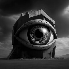 All Seeing Eye Building Surreal Painting Concept Art Dream Nightmare Black and White 1