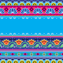 Pakistani and Indian seamless template vector pattern with space for text, flowers and geometric shapes, Diwali festive textile or wallpaper decor
