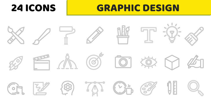 Set of 24 Graphic design web icons in line style. Icons for graphic designer, creative package, stationary, software, creativity, tools, drawing, collection. Vector illustration.