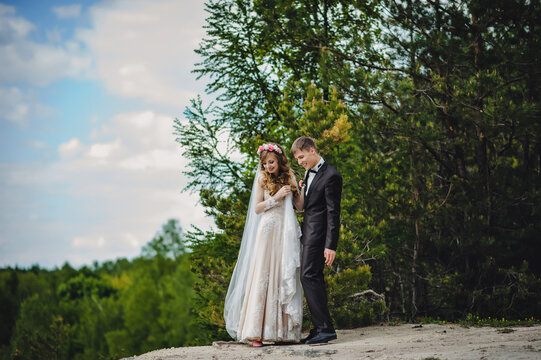 Portrait of young wedding couple are walking in the forest and admire nature and look at the landscape. Wedding ceremony and photo shoot outdoors. Newlyweds.