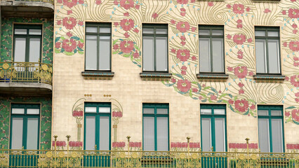 Beautiful facade of an old building in Vienna center near the market in Austria - obrazy, fototapety, plakaty